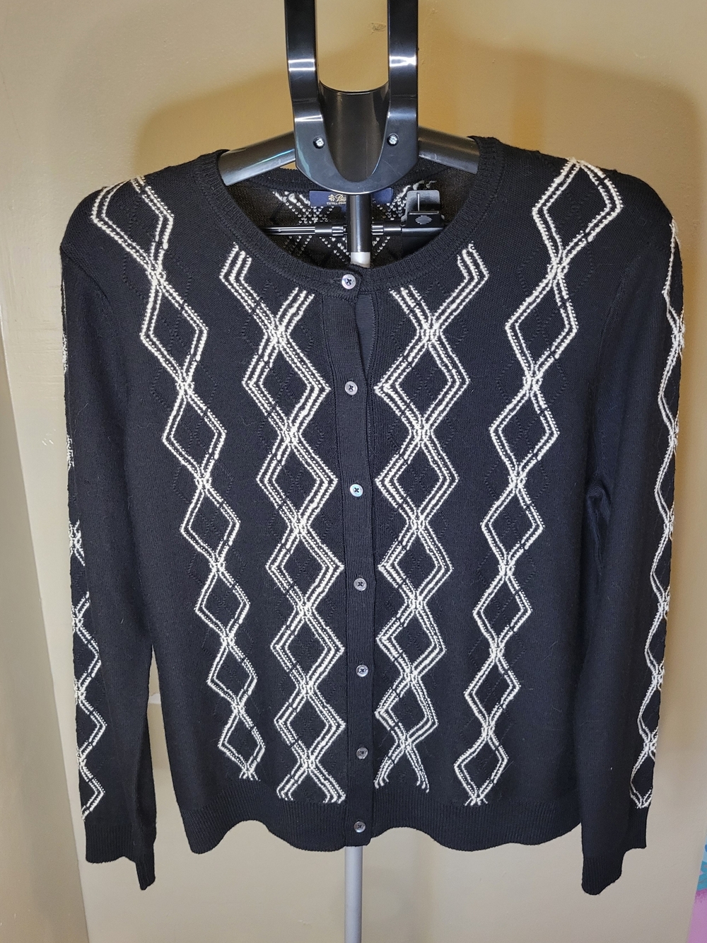 Brooks Brothers Black Cardigan with White Diamond Knit